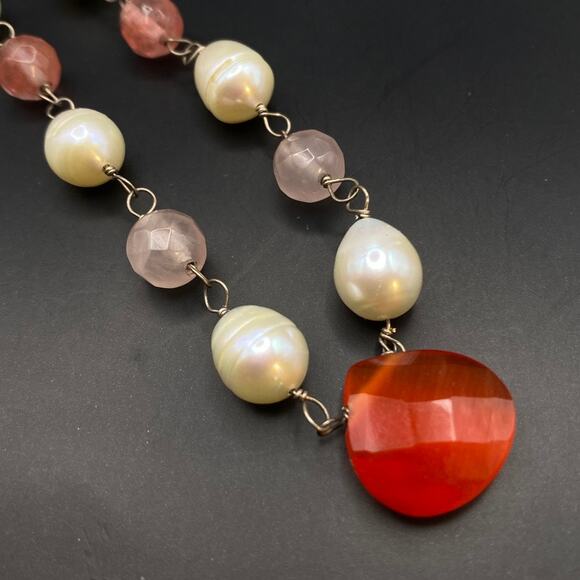 Handmade Vtg Pearl Rose Quartz Beaded Necklace 925 Sterling Silver Chain 16" - Picture 3 of 9